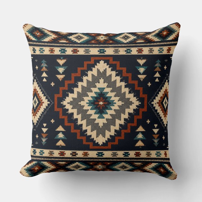 Dark Geometric Textile Pattern – Navy Cream & Burn Throw Pillow (Front)