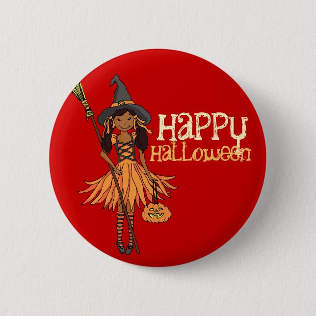Dark girl happy Halloween kids button badge (Front)