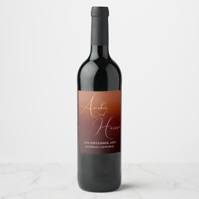 Dark Glamour Boho Burnt Orange Wedding Wine Label (Front)