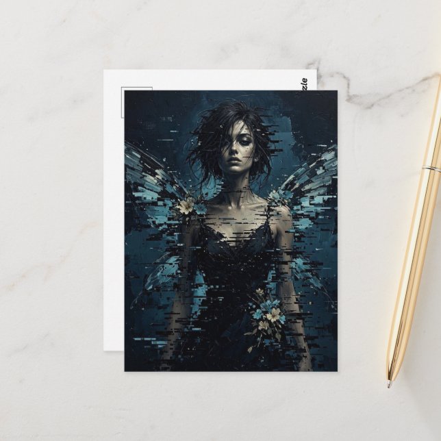 Dark Glitch Fairy With Flowers Postcard (Front/Back In Situ)