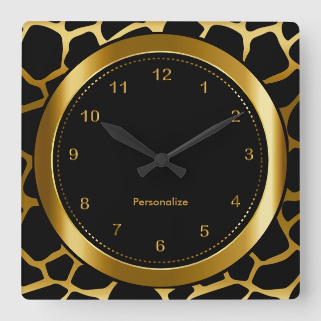Dark Gold and Black Giraffe Pattern Print Square Wall Clock (Front)
