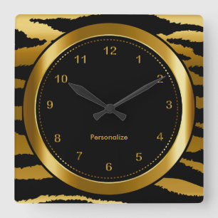 Dark Gold and Black Zebra Stripe Print Square Wall Clock