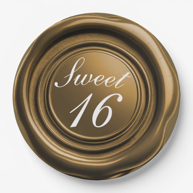 Dark Gold Candle Wax Seal Drip Sweet 16 Wedding Paper Plate (Front)