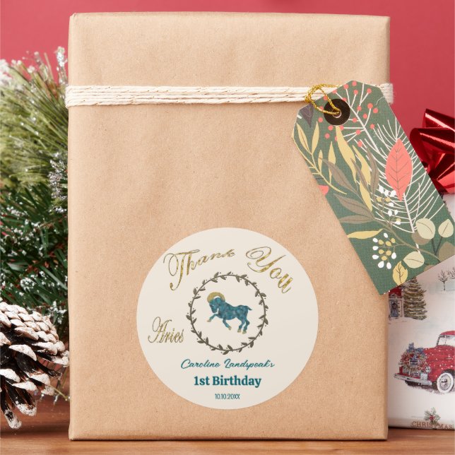 Dark Gold Floral Embossed Aries Zodiac Classic Round Sticker (Holiday)