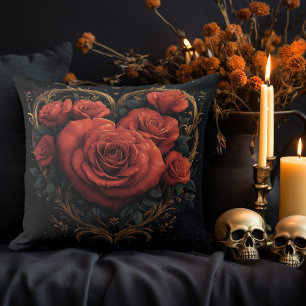 Dark Gold Heart with Roses Throw Pillow