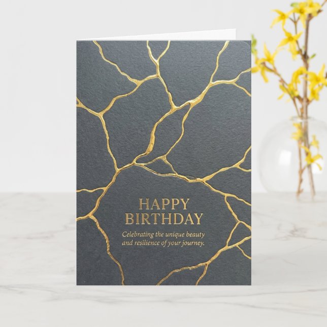 Dark Gold Kintsugi Cracks Happy Birthday Card (Yellow Flower)