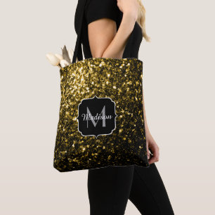Dark gold shiny faux glitter sparkle Monogram Tote Bag