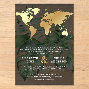 Dark Gold Tropical Destination World Map Wedding Acrylic Invitations