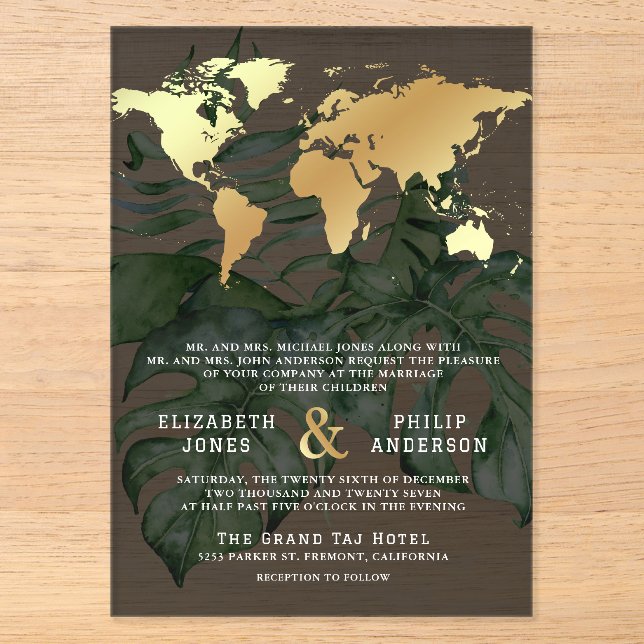 Dark Gold Tropical Destination World Map Wedding Acrylic Invitations (Front)