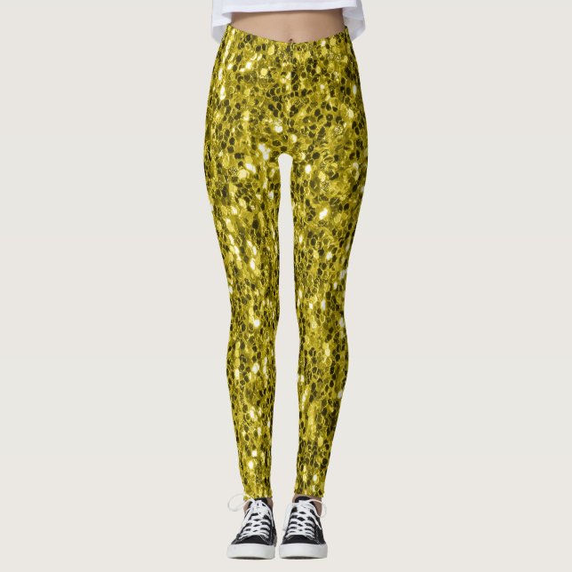  Dark gold yellow faux glitter sparkles Leggings (Front)