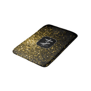 Dark gold yellow faux glitter sparkles Monogram Bath Mat