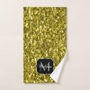  Dark gold yellow faux glitter sparkles Monogram Bath Towel Set