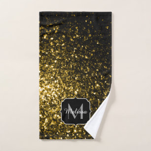 Dark gold yellow faux glitter sparkles Monogram Bath Towel Set