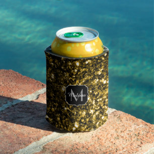 Dark gold yellow faux glitter sparkles Monogram Can Cooler