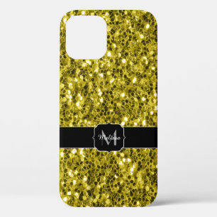 Dark gold yellow faux glitter sparkles Monogram iPhone 12 Case