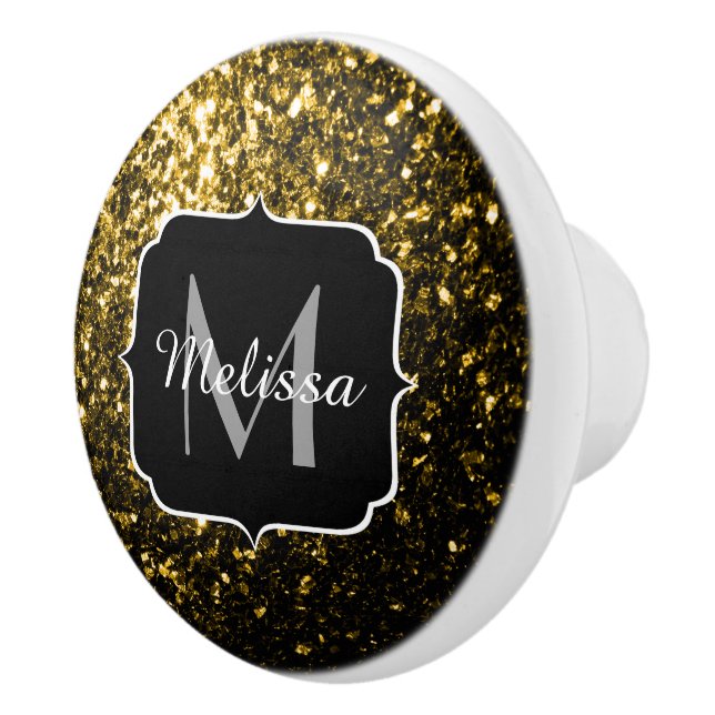 Dark gold yellow faux glitter sparkles Monogram Ceramic Knob (Right)