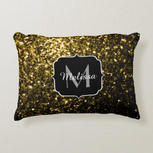 Dark gold yellow faux glitter sparkles Monogram Decorative Pillow