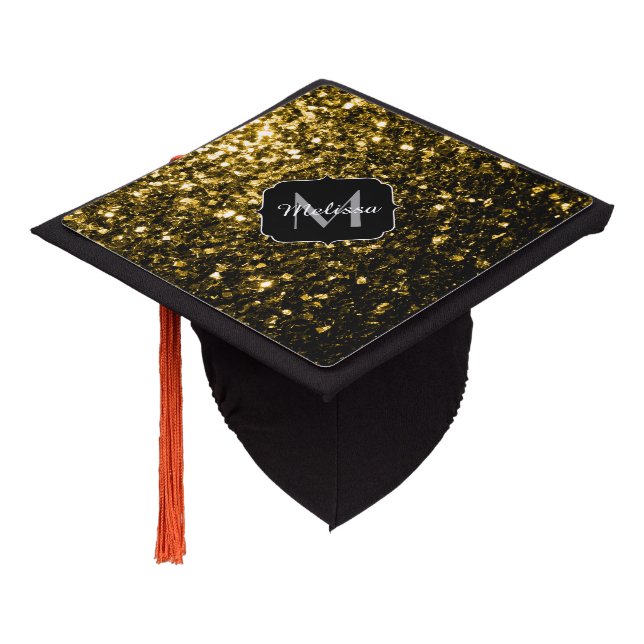 Dark gold yellow faux glitter sparkles Monogram Graduation Cap Topper (Angled)