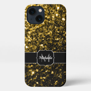 Dark gold yellow faux glitter sparkles Monogram iPhone 13 Case