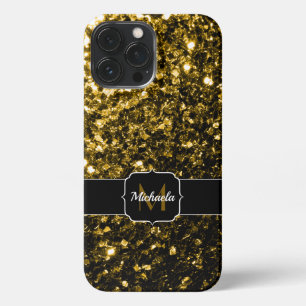 Dark gold yellow faux glitter sparkles Monogram iPhone 13 Pro Max Case