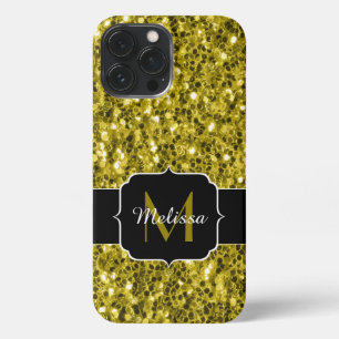 Dark gold yellow faux glitter sparkles Monogram iPhone 13 Pro Max Case