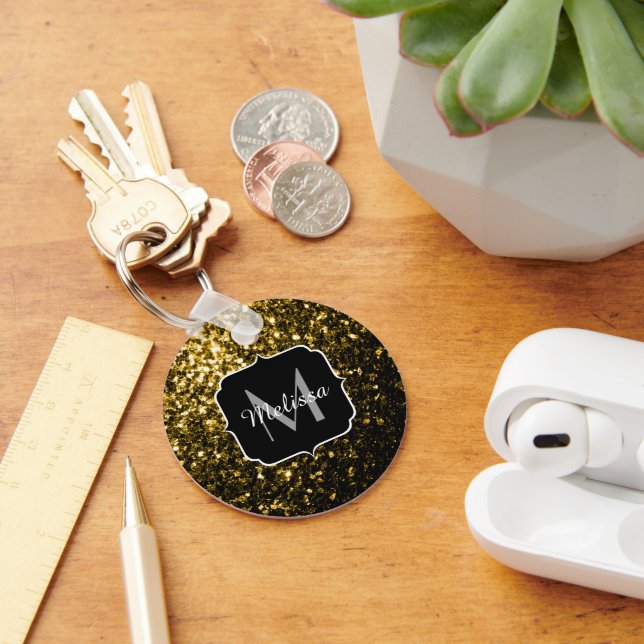Dark gold yellow faux glitter sparkles Monogram Keychain (Desk)