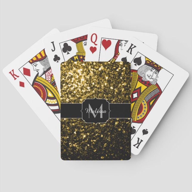 Dark gold yellow faux glitter sparkles Monogram Playing Cards (Back)