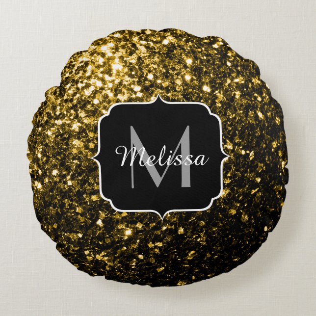 Dark gold yellow faux glitter sparkles Monogram Round Pillow (Front)
