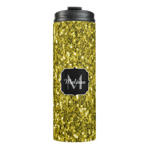 Dark gold yellow faux glitter sparkles Monogram Thermal Tumbler