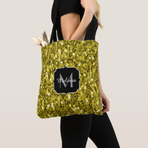 Dark gold yellow faux glitter sparkles Monogram Tote Bag