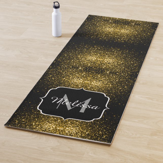 Dark gold yellow faux glitter sparkles Monogram Yoga Mat (In Situ)