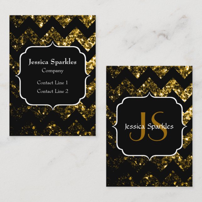 Dark gold yellow glitter sparkles Chevron Monogram Business Card (Front/Back)