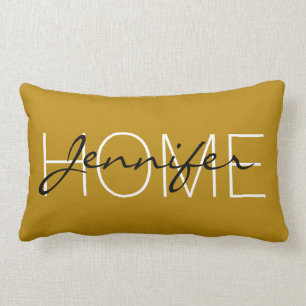 Dark goldenrod colour home monogram lumbar pillow