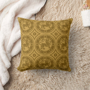 Dark Goldenrod Medieval Lions Throw Pillow
