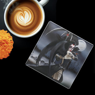 Dark Gothic Angel Death Sugar Skull Fantasy Glass Coaster