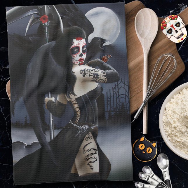 Dark Gothic Angel Death Sugar Skull Fantasy Kitchen Towel (Creator Uploaded)