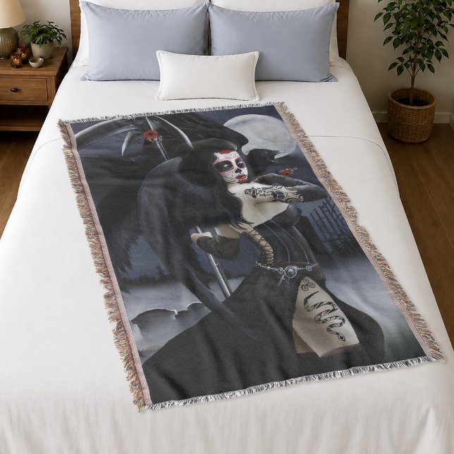 Dark Gothic Angel Death Sugar Skull Fantasy Throw Blanket (Creator Uploaded)