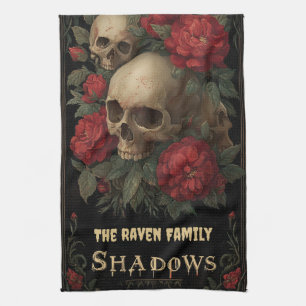 Dark Gothic Art with Skull, Roses, and Custom Text Kitchen Towel