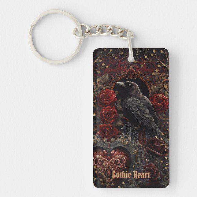 Dark Gothic Beauty Red Roses Black Crow Raven Bird Keychain (Front)
