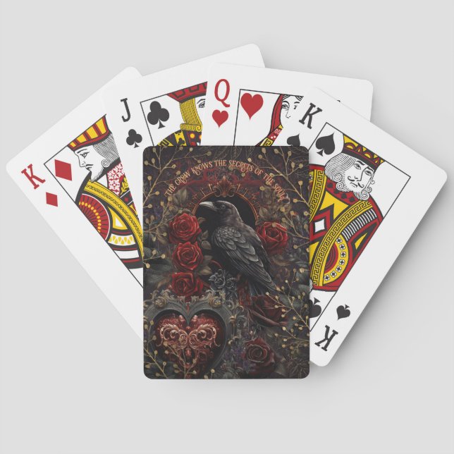 Dark Gothic Beauty Red Roses Black Crow Raven Bird Playing Cards (Back)