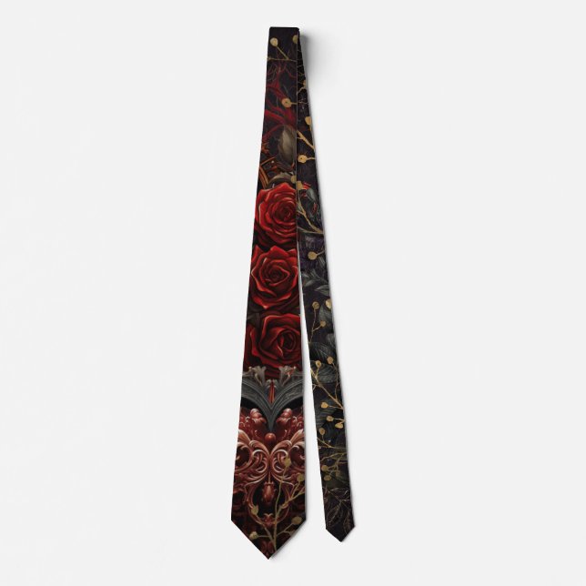 Dark Gothic Beauty Red Roses Black Crow Raven Bird Tie (Front)