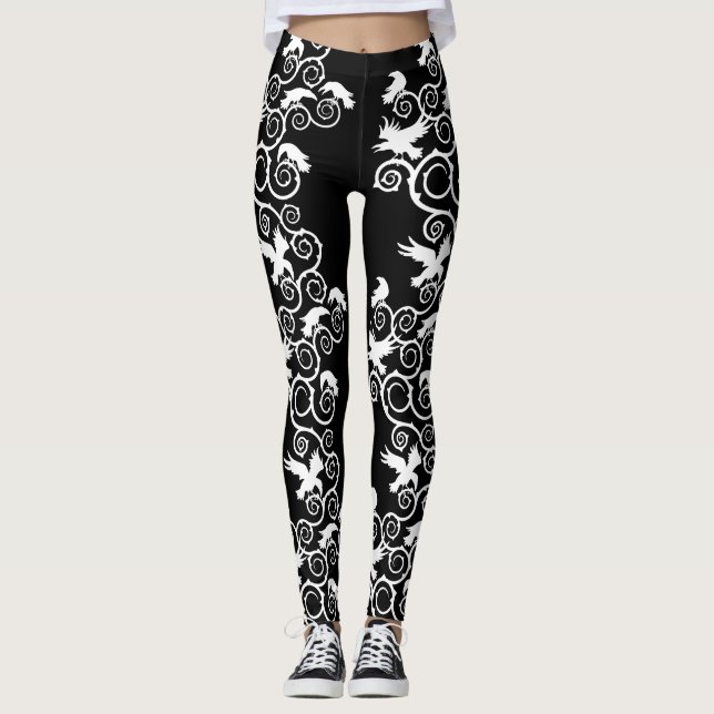 Dark Gothic Black and White Raven Leggings (Front)