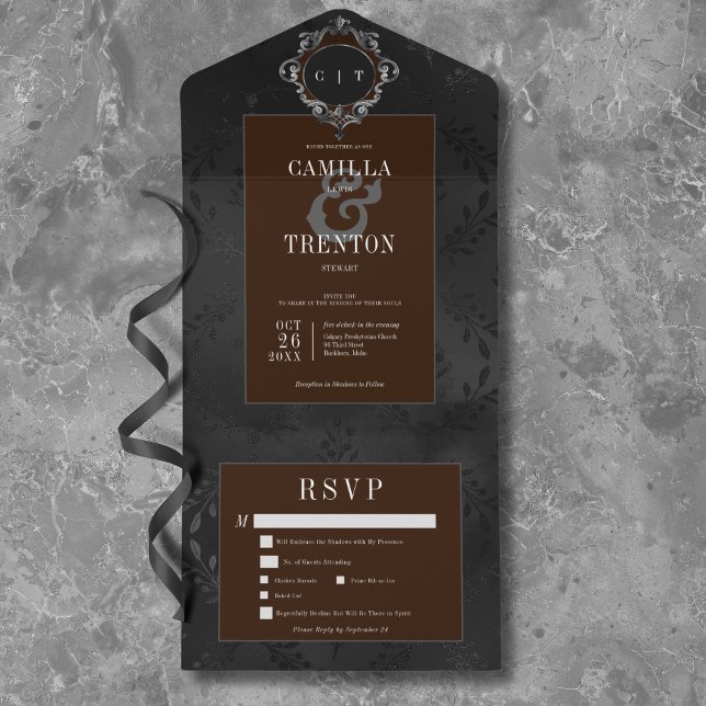 Dark Gothic Black & Brown Floral Satin Dinner All In One Invitation (Dark Gothic Black & Brown Floral Satin Dinner All In One Invitation)