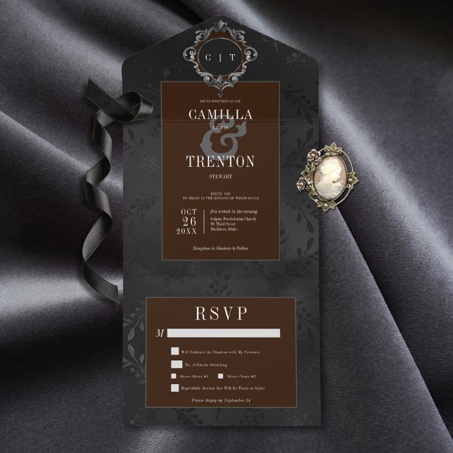 Dark Gothic Black & Brown Floral Satin Dinner All In One Invitation (Also available with a QR code or without dinner selection options.)