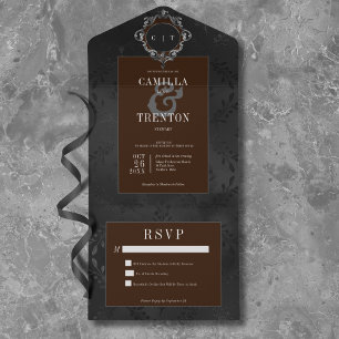 Dark Gothic Black & Brown Floral Satin No Dinner All In One Invitation
