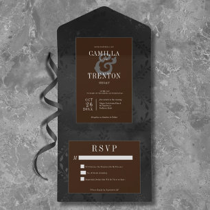 Dark Gothic Black & Brown Floral Satin No Dinner All In One Invitation
