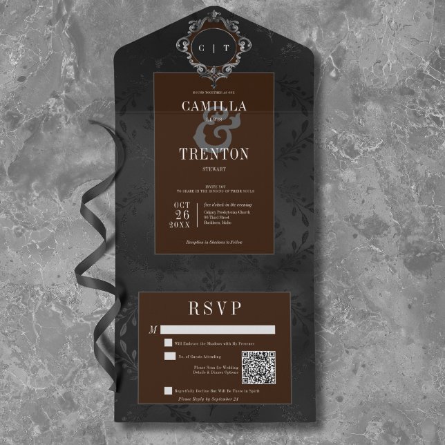 Dark Gothic Black & Brown Floral Satin QR Code All In One Invitation (Dark Gothic Black & Brown Floral Satin QR Code All In One Invitation)