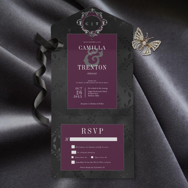 Dark Gothic Black & Burgundy Floral Satin Dinner All In One Invitation (Also available with a QR code or without dinner selection options.)