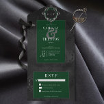 Dark Gothic Black & Emerald Floral Satin No Dinner All In One Invitation<br><div class="desc">AVAILABLE WITH OR WITHOUT A QR CODE OR DINNER SELECTION OPTIONS. Step into a world of dark elegance with our captivating gothic wedding invitation. Set against a stunning black-on-black damask satin vintage floral wallpaper, this invitation exudes an air of mystery and timeless charm. At the top, a vintage emerald green,...</div>