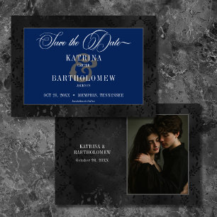 Dark Gothic Black Floral Satin Damask Blue Photo Save The Date